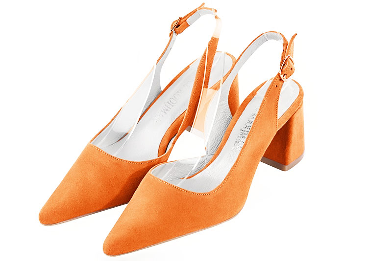 Apricot orange women's slingback shoes. Pointed toe. Medium flare heels. Front view - Florence KOOIJMAN